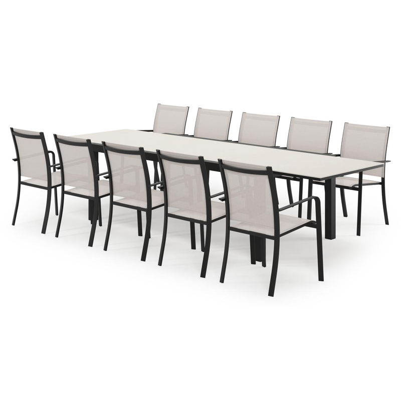 Calobra ensemble de jardin extensible rectangulaire en aluminium noir en sintered stone crema minerale avec 10 chaises de jardin Calobra