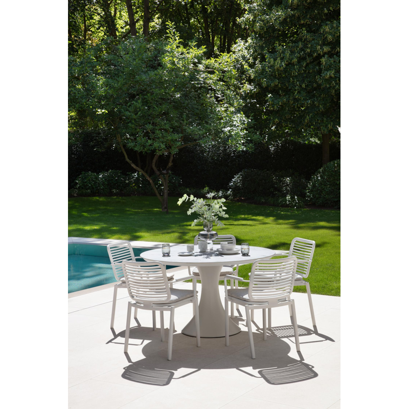 Table de jardin Fano en aluminium blanc et céramique pleine calacatta - Dia. 148 x H 75 cm