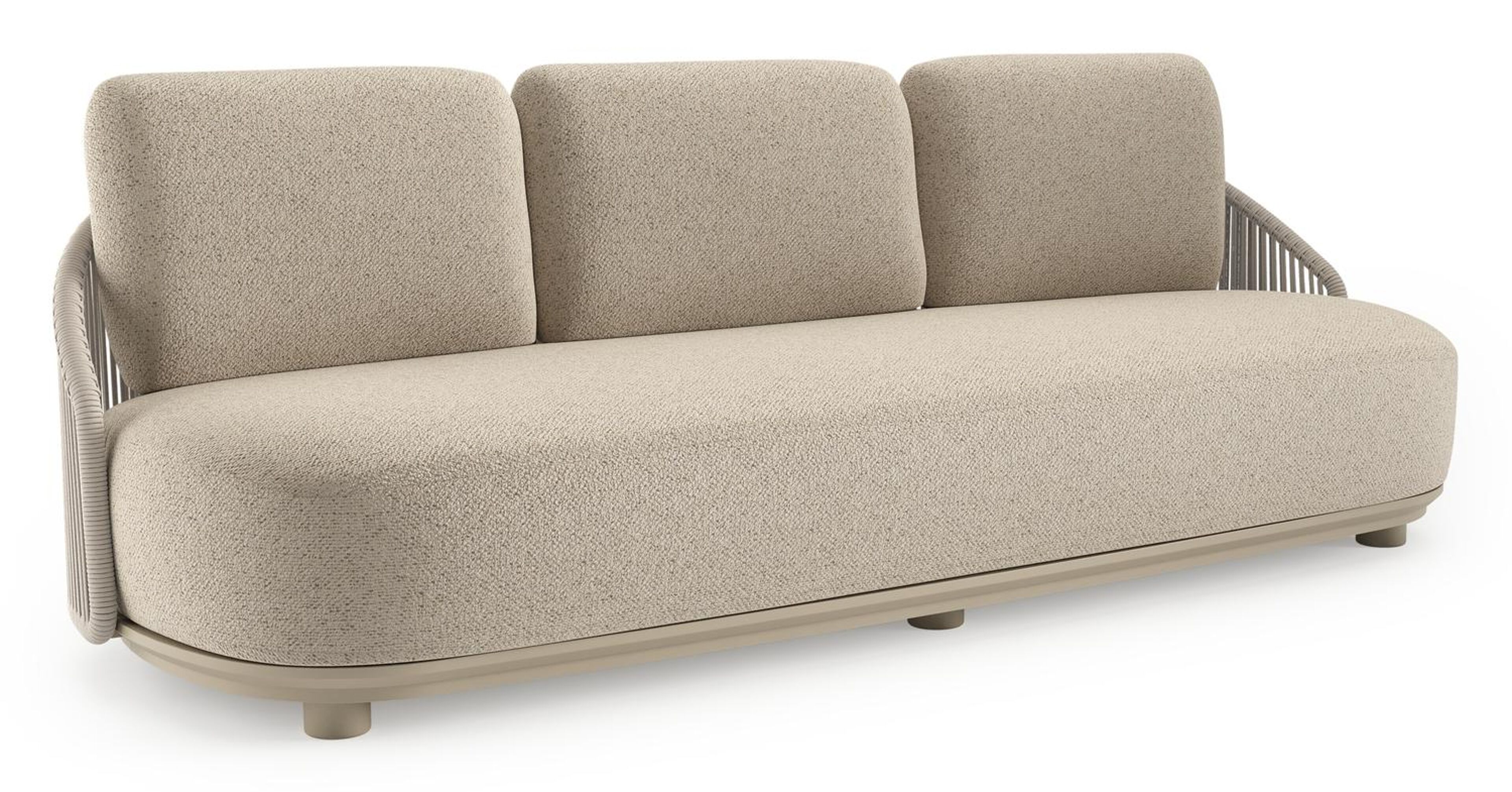 Canapé de jardin Vadelo en aluminium beige et corde ronde tissée verticalement beige et coussins en all weather cosytica bora desert