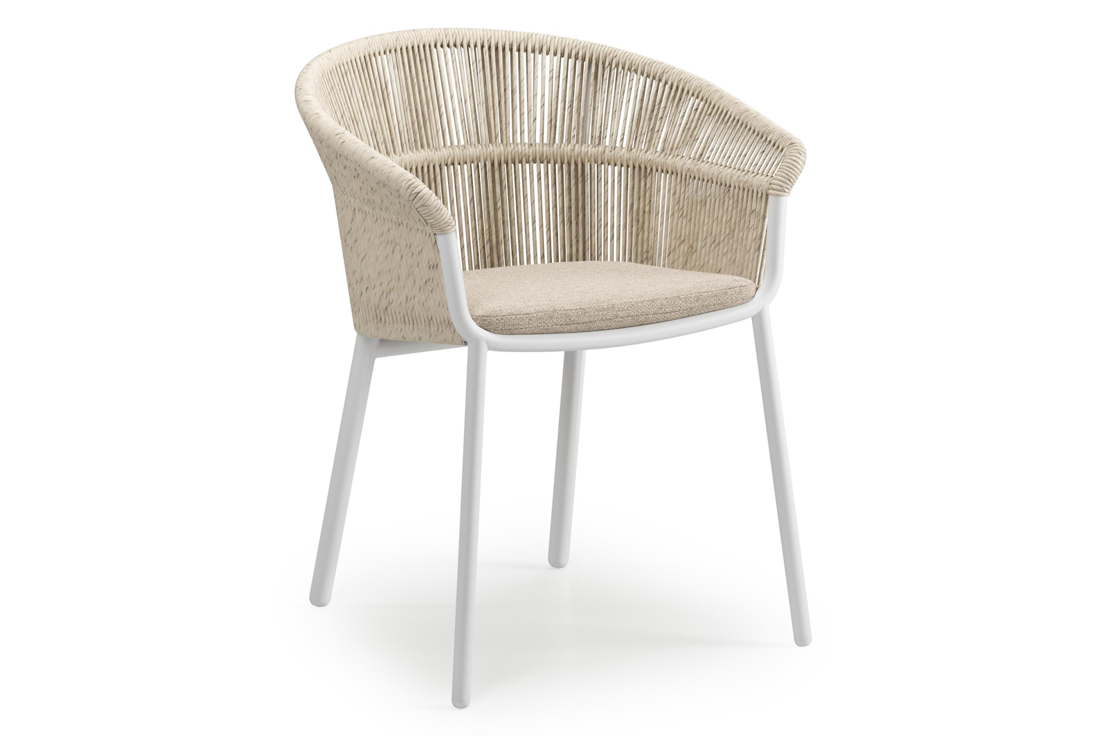 Matera stapelbare tuinstoel in wit aluminium en beige gedraaide ronde wicker met kussen in beige weather+ softtouch