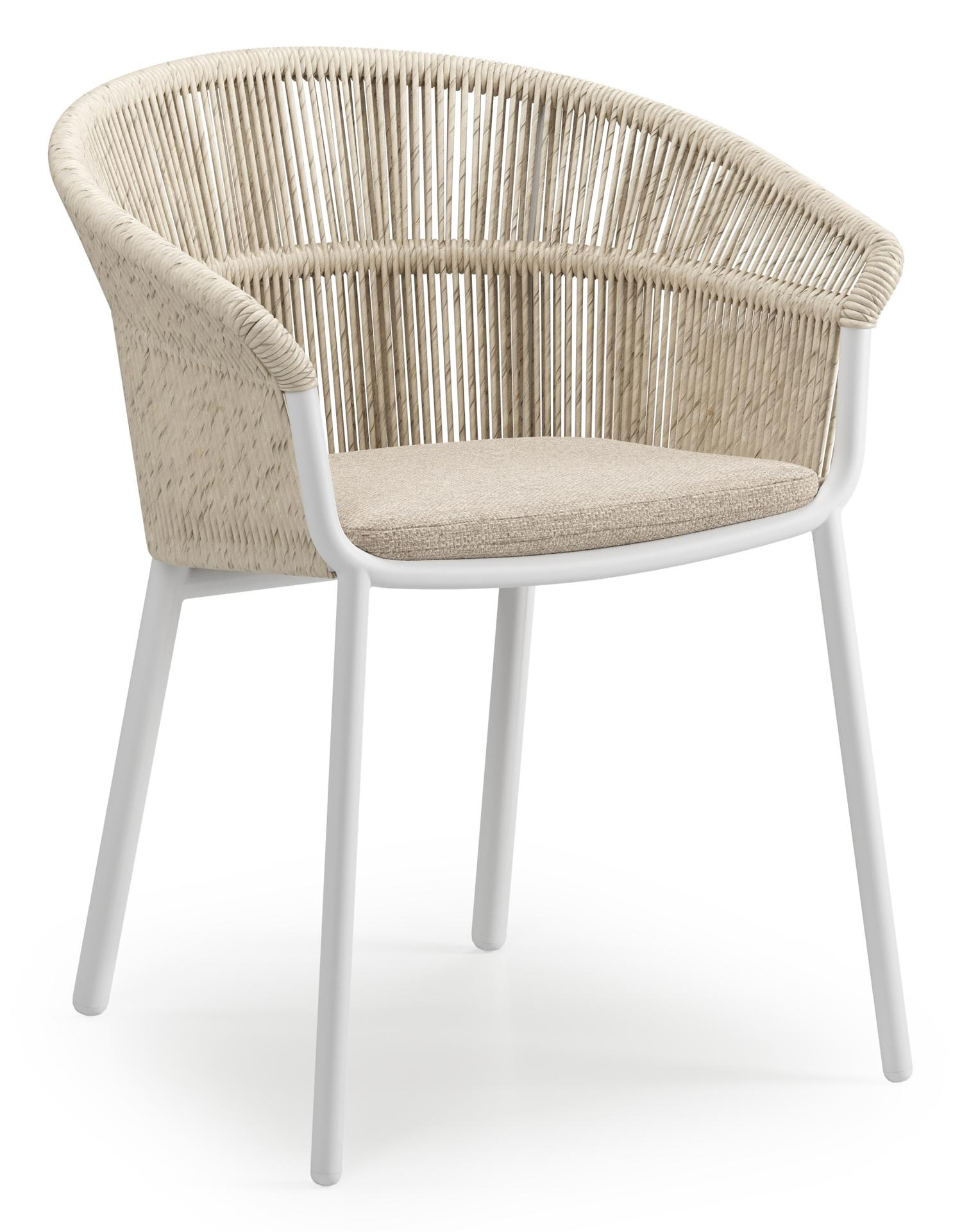 Chaise de jardin empilable Matera en aluminium blanc et résine tressée torsadé beige avec coussin en beige weather+ softtouch