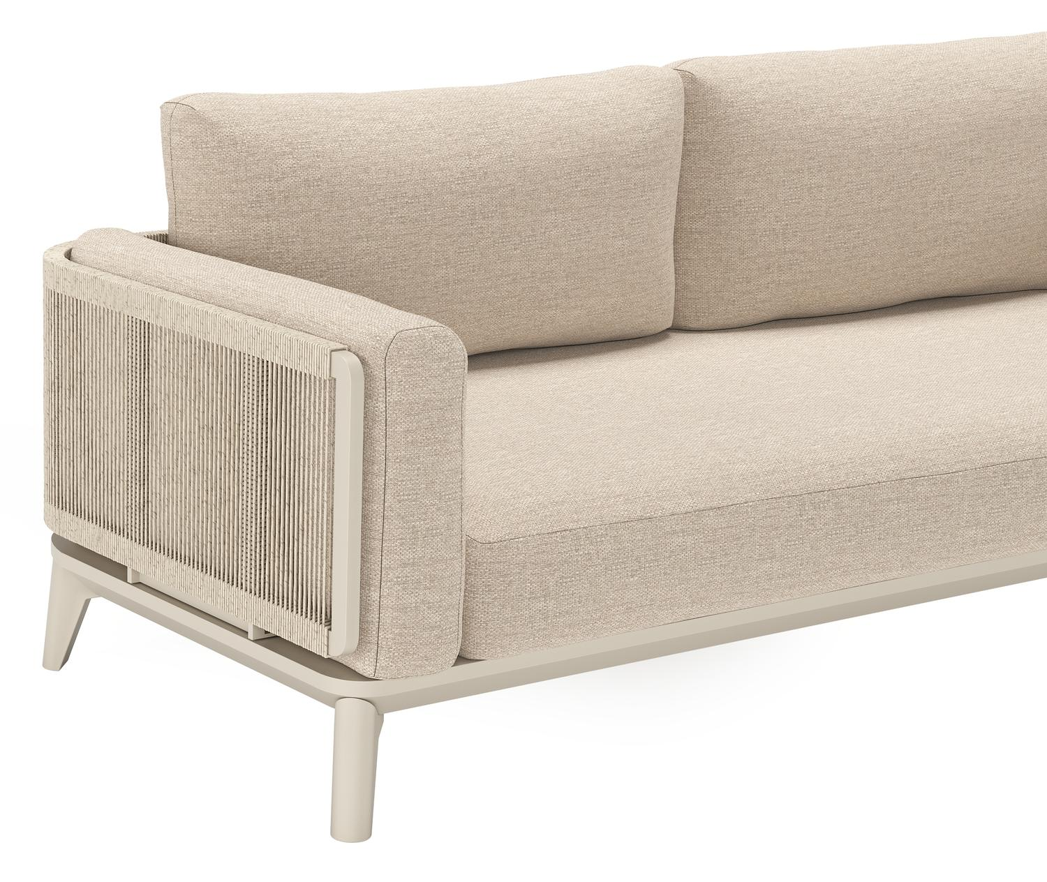 Salon de jardin Mosa en aluminium beige et résine tressée torsadée beige et coussins en weather+ softtouch rustic