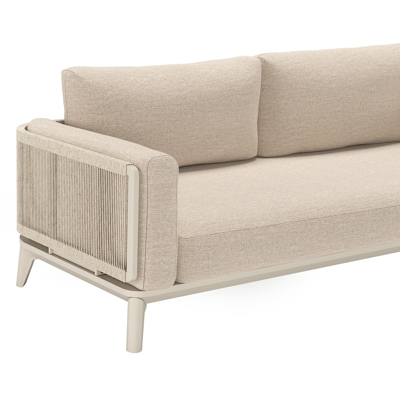 Salon de jardin Mosa en aluminium beige et résine tressée torsadée beige et coussins en weather+ softtouch rustic