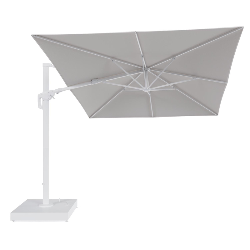 Minore zweefparasol met tiltfunctie in wit aluminium en Ego Eggshell All Weather Solica parasoldoek - L1 400 x L2 300 cm met parasolvoet Minore 260 kg met wielen