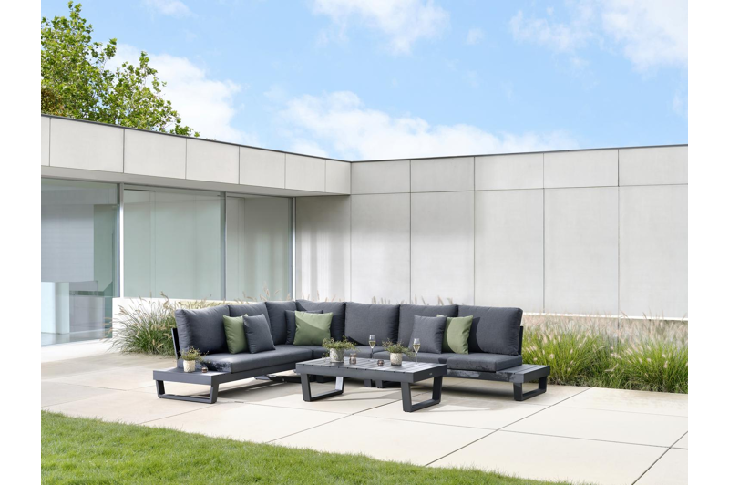 Modica loungehoek in zwart aluminium met natte sooty all weather sunbrella® premium kussens