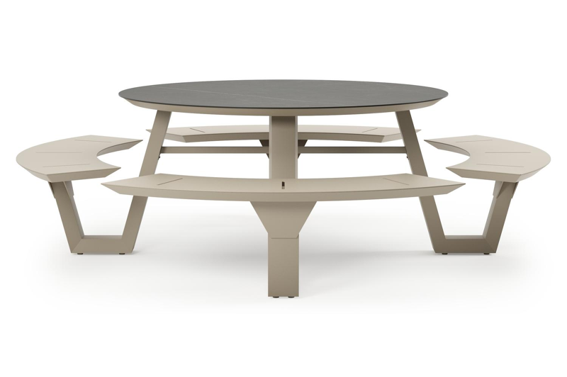 Rondino picknicktafel rond in beige aluminium en volkeramiek Calatorao - Dia. 148 x H 71.5 cm
