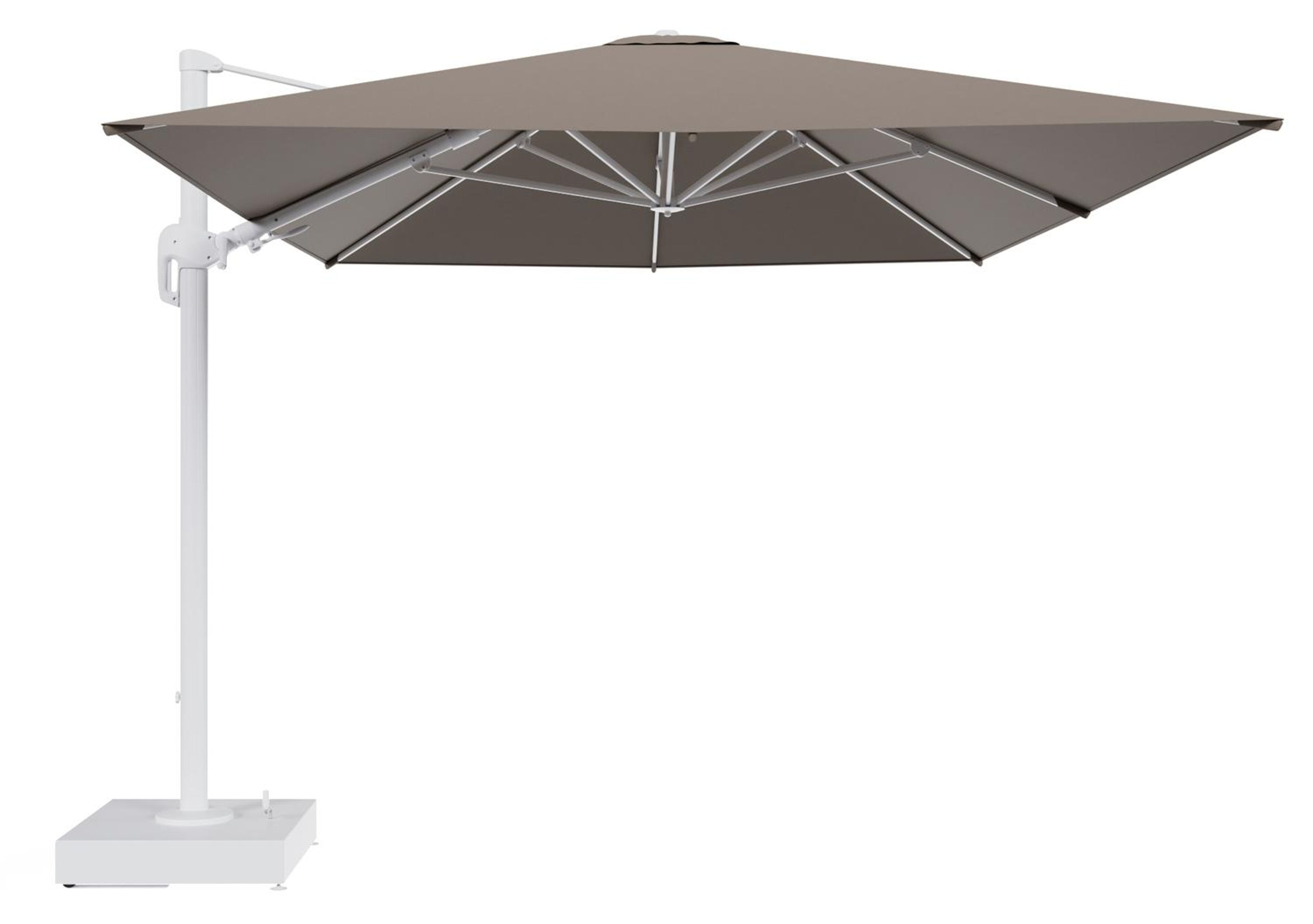 Parasol pendant Rufina tilt en aluminium blanc et toile All Weather Sunbrella® Luxe Natte Heather Grey - Lg.1 400 x Lg.2 300 cm avec pied de parasol Minore 150 kg avec roulettes