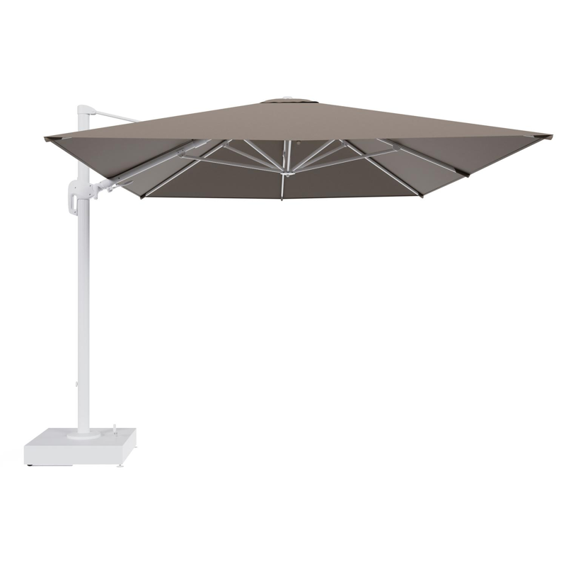 Rufina zweefparasol met tiltfunctie in wit aluminium en Natte Heather Grey All Weather Sunbrella® Luxe parasoldoek - L1 400 x L2 300 cm met parasolvoet Minore 150 kg met wielen