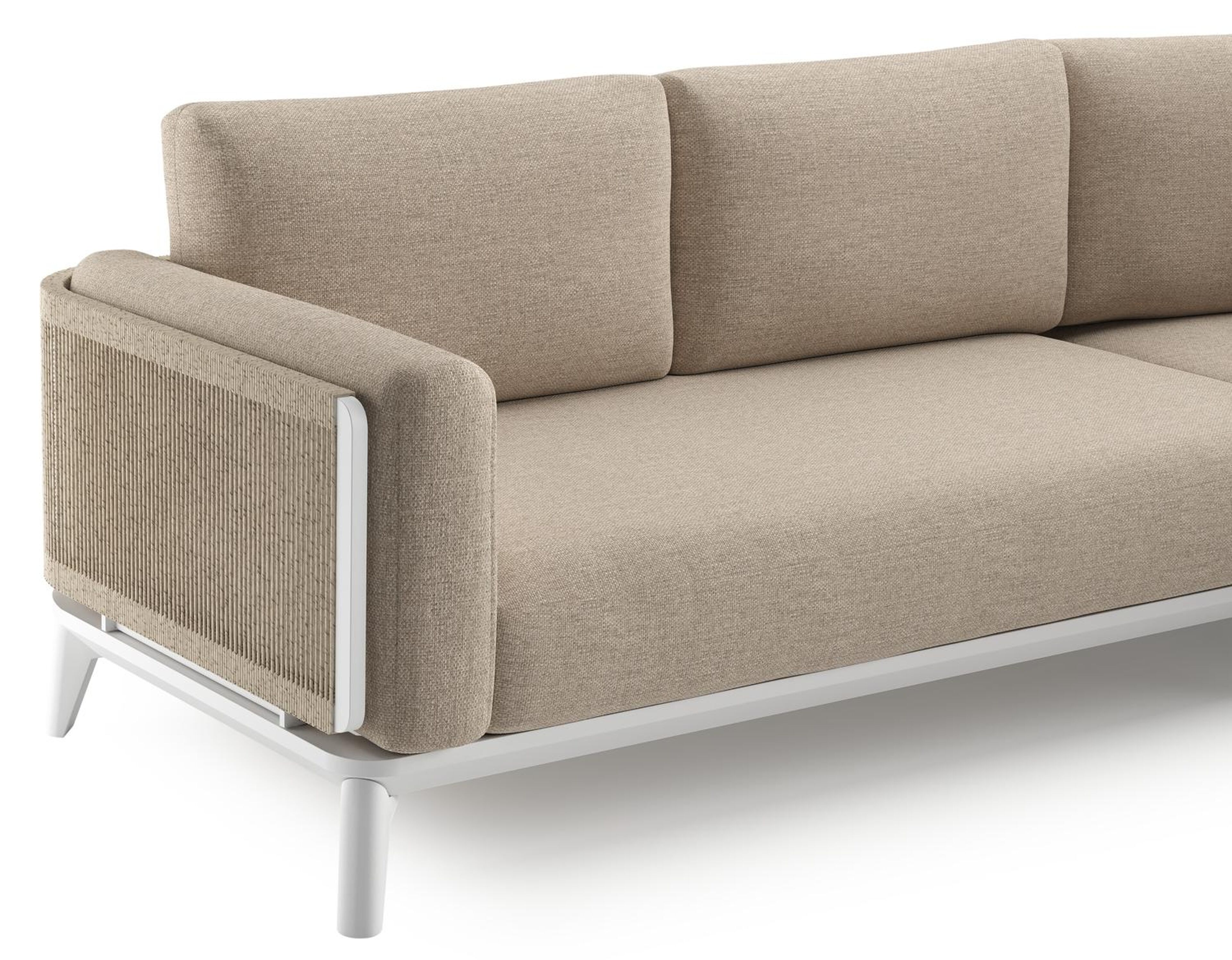 Mosa loungehoek in wit aluminium en beige gedraaide ronde wicker met rustic weather+ softtouch kussen