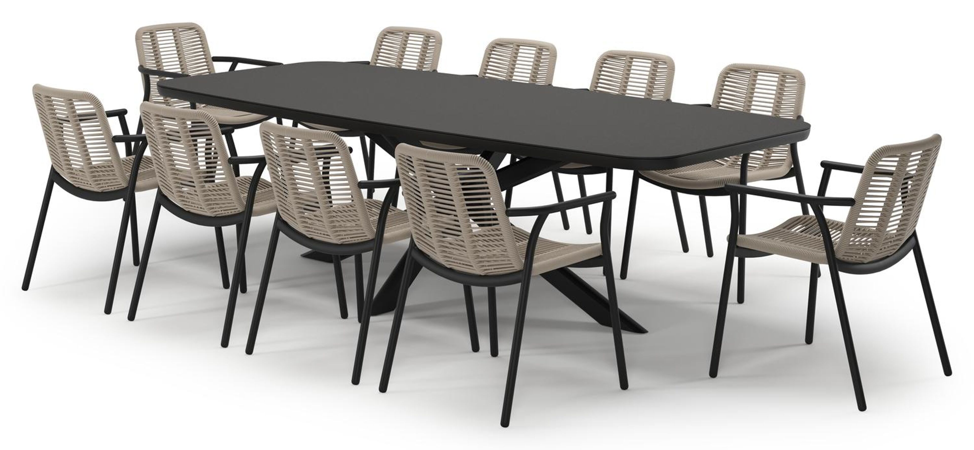 Pamplona tuinset in zwart aluminium en notte minerale sintered stone met 10 stapelbare Berga tuinstoelen
