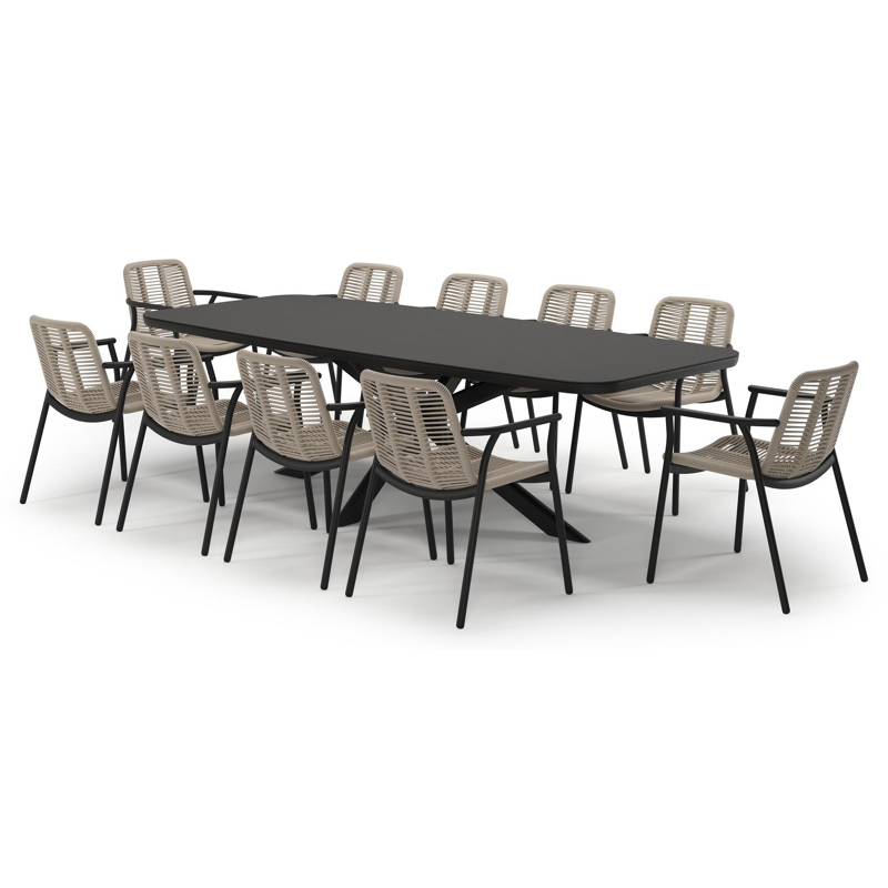 Pamplona tuinset in zwart aluminium en notte minerale sintered stone met 10 stapelbare Berga tuinstoelen