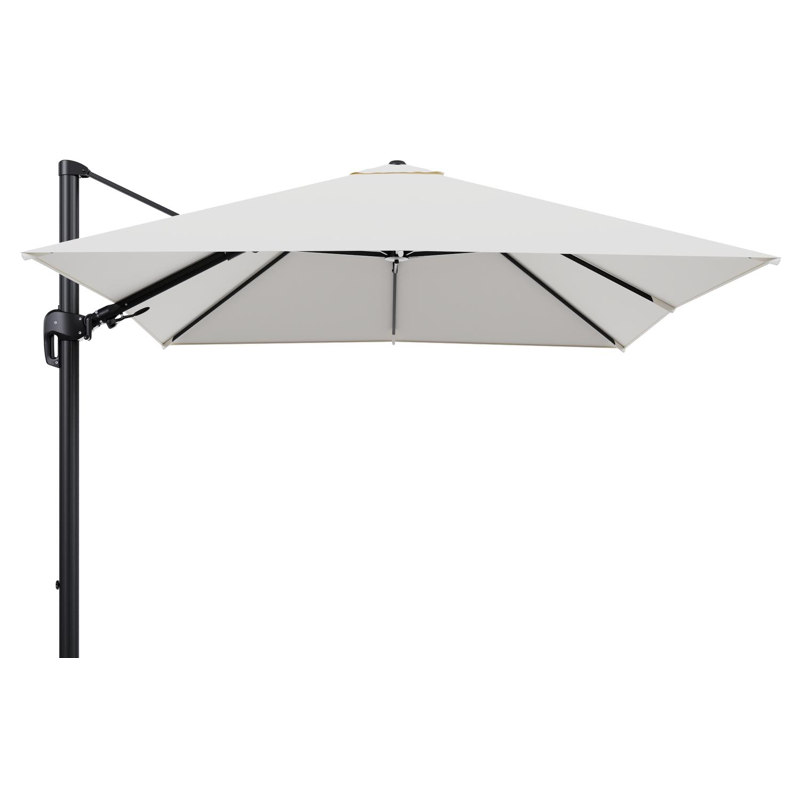Rufina zweefparasol tiltfunctie in zwart aluminium en parasoldoek in All Weather Sunbrella® Luxe Natte White - L1 300 x L2 300 cm (zonder voet)