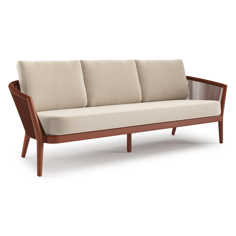 Orso loungebank in roestbruin aluminium en roestbruin verticaal geweven ronde rope met Lopi Sand all weather sunbrella® luxe kussen