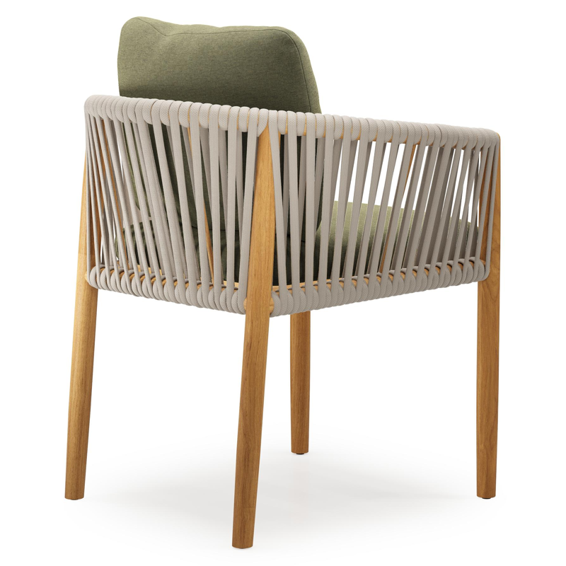 Organo tuinstoel in teak en beige verticaal geweven luxe vlakke rope met zitkussen in All Weather Sunbrella® Luxe Heritage Leaf
