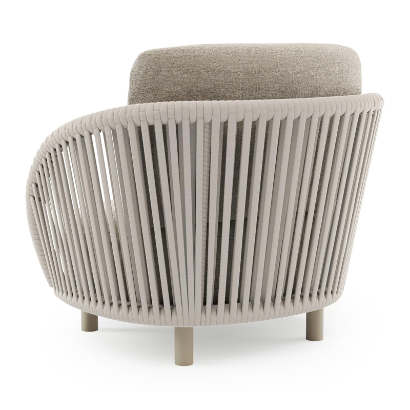 Lupino loungestoel in beige aluminium en beige verticaal geweven luxe vlakke brede rope met catania greige all weather cosytica kussen