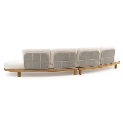 Donato loungebank in teak en beige verticaal geweven ronde rope met all weather sunbrella® luxe Lopi Snow kussen