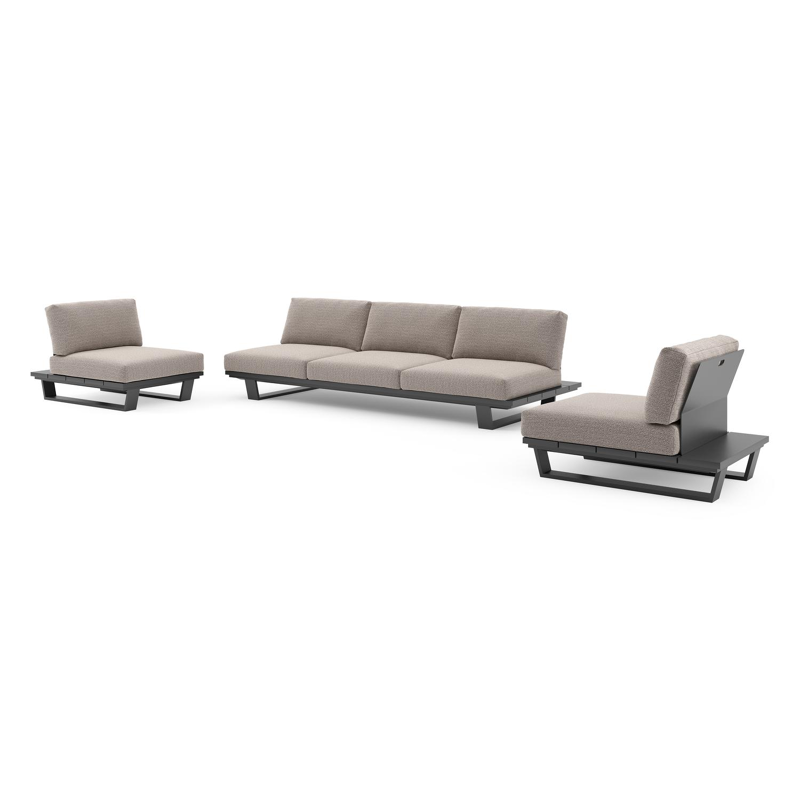 Salon de jardin Pagino en aluminium noir et coussins en all weather sunbrella® luxe wander granite