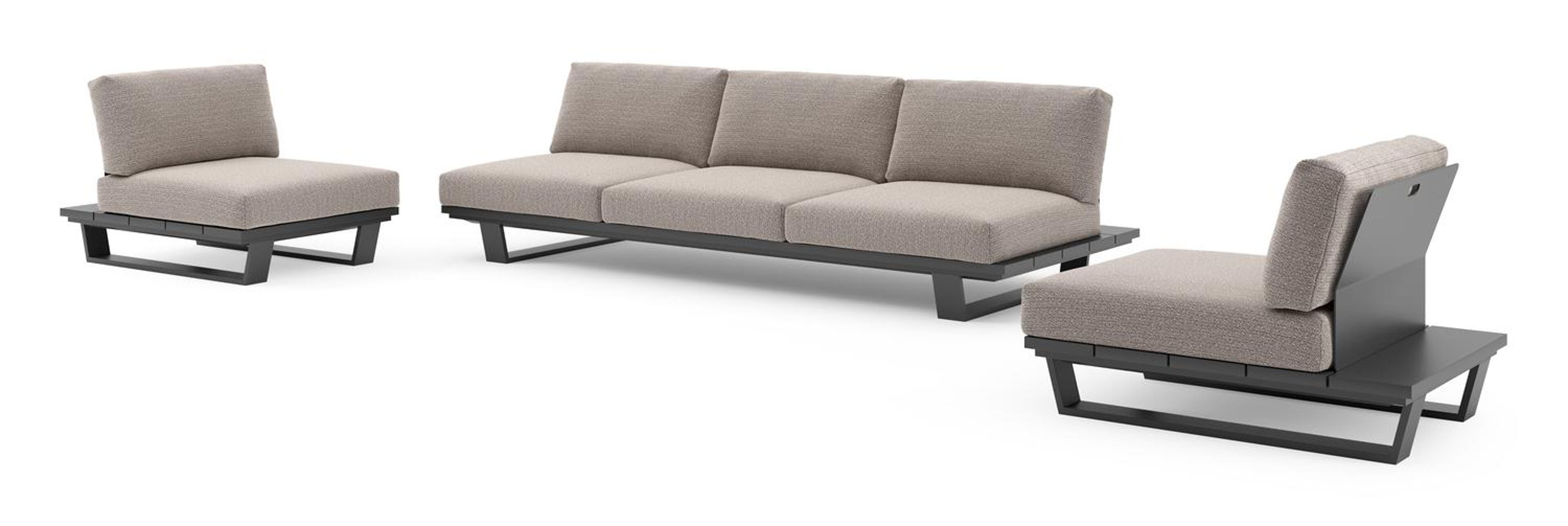 Salon de jardin Pagino en aluminium noir et coussins en all weather sunbrella® luxe wander granite