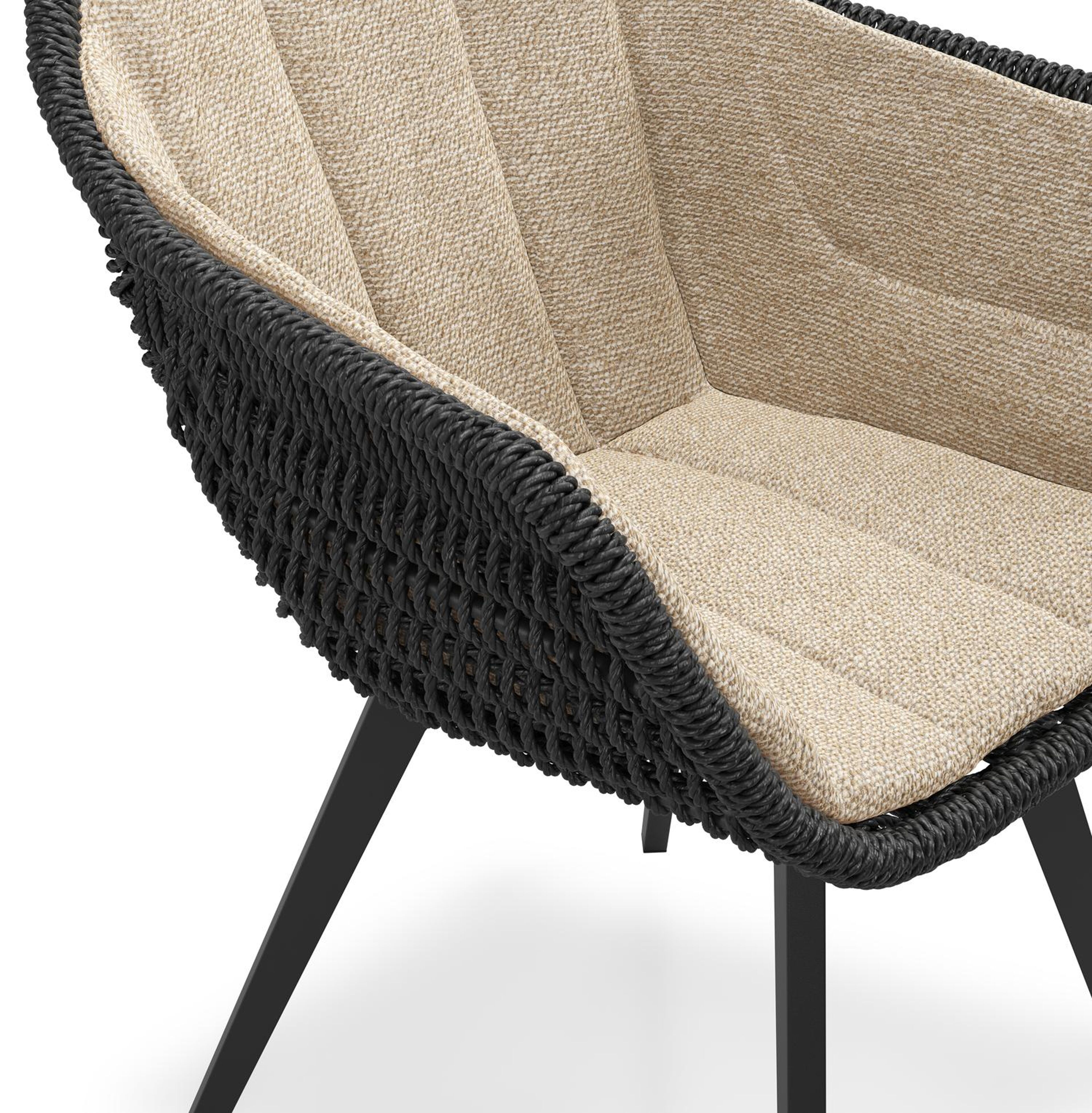 Pagino tuinstoel in zwart aluminium en zwart ronde wicker met zitkussen in All Weather Cosytica Madagascar Oak