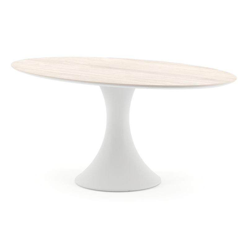 Table de jardin Fano ovale en aluminium blanc et céramique pleine Travertino Bianco - Lg. 180 x Lrg. 110 x Haut. 74 cm