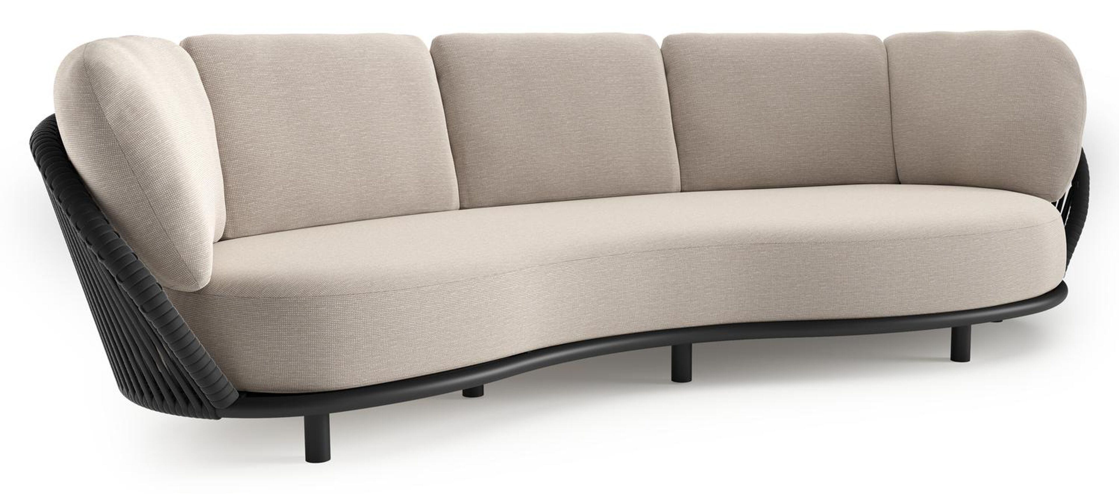 Lupino loungebank in zwart aluminium en zwart verticaal geweven luxe vlakke brede rope met slow farafra all weather sunbrella® luxe kussen