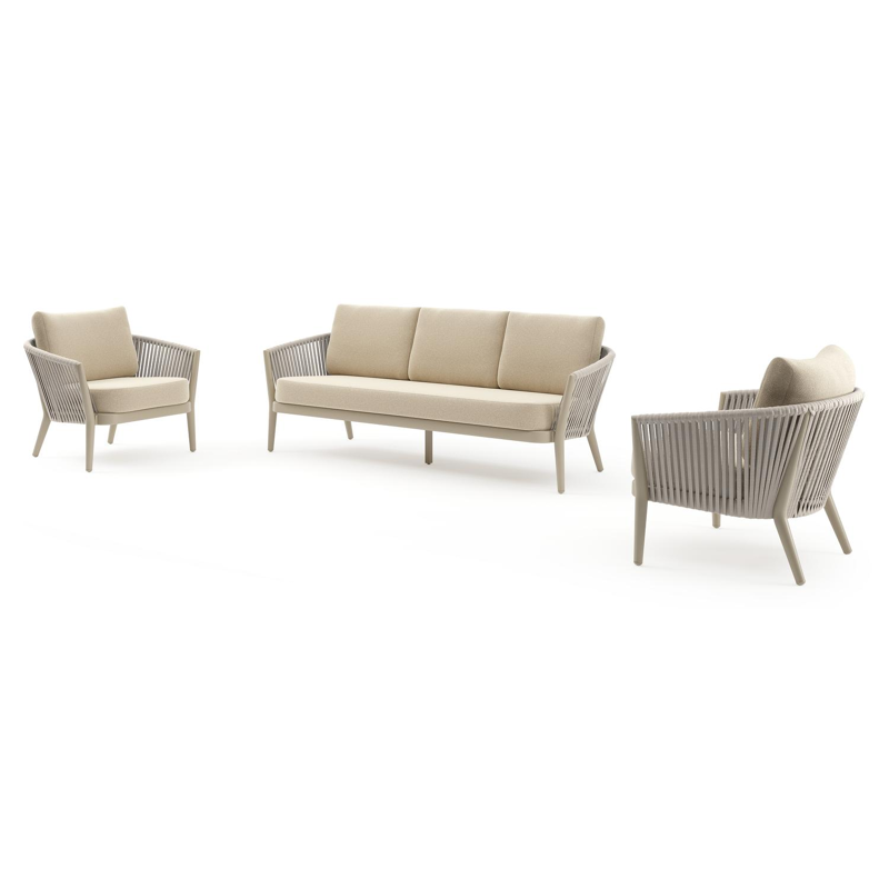 Orso loungeset in beige aluminium en beige verticaal geweven ronde rope met Soul Papyrus all weather solica kussen