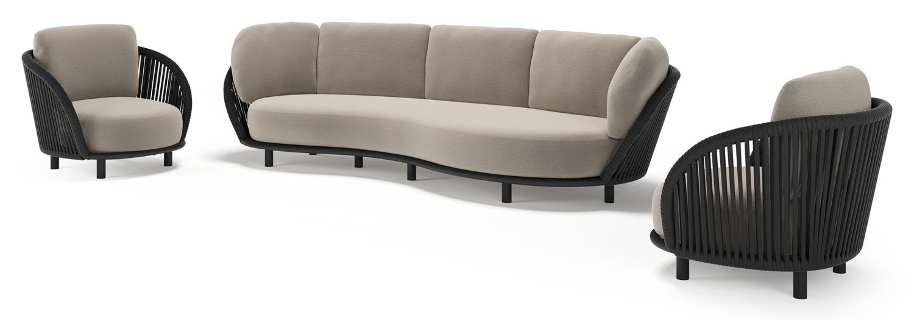 Lupino loungeset in zwart aluminium en zwart verticaal geweven luxe vlakke brede rope met savane coconut all weather sunbrella® luxe kussen