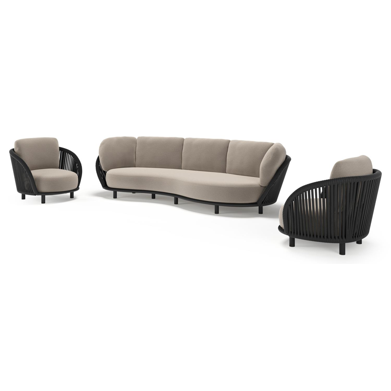 Lupino loungeset in zwart aluminium en zwart verticaal geweven luxe vlakke brede rope met savane coconut all weather sunbrella® luxe kussen