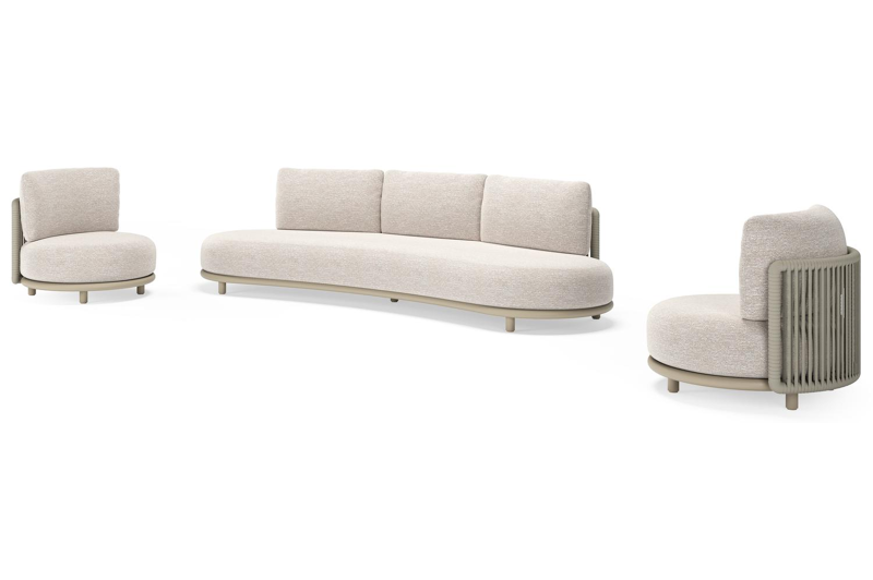 Lomano loungeset in beige aluminium en beige verticaal geweven luxe vlakke rope met Tundra Sand all weather sunbrellaÂ® luxe