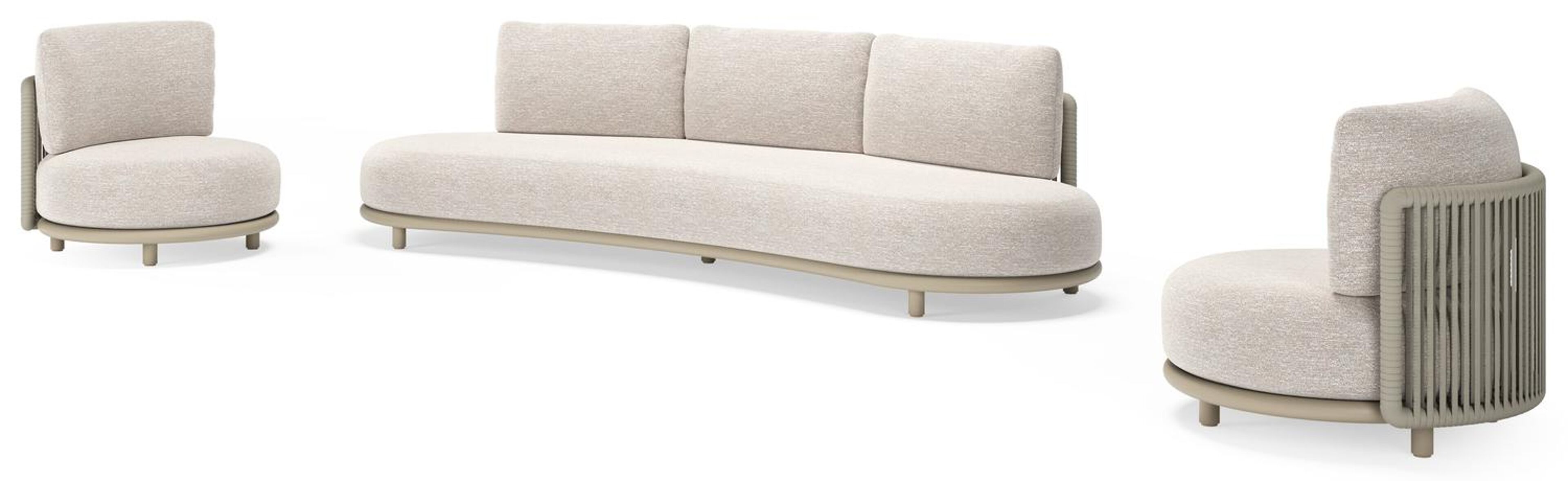 Salon de jardin Lomano en aluminium beige et corde luxe plate tissÃ©e verticalement beige et coussins en all weather sunbrellaÂ® luxe Tundra Sand
