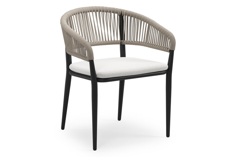 Tolfa stapelbare tuinstoel in zwart aluminium en beige verticaal geweven ronde rope met stoelkussen in All Weather Solica Soul Optik