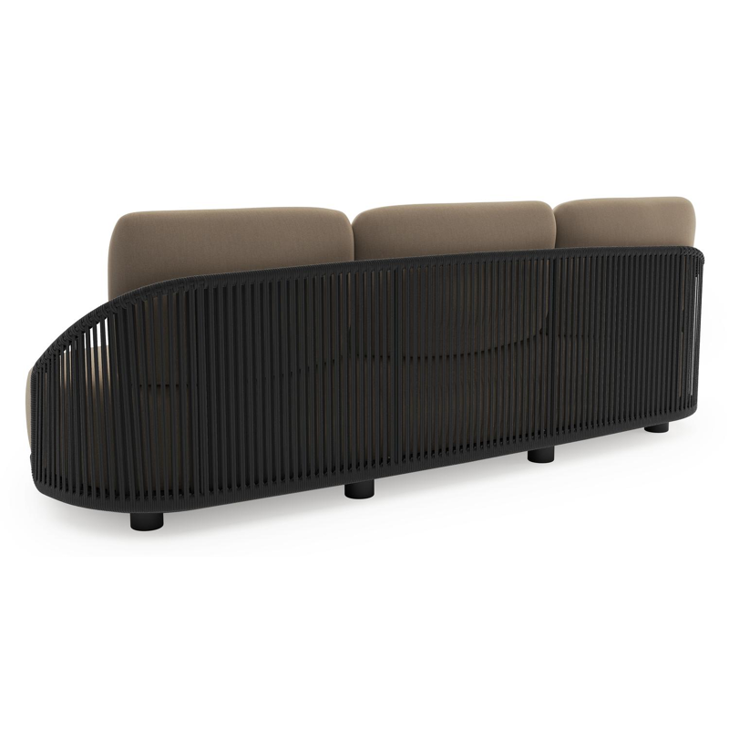 Canapé de jardin Vadelo en aluminium noir et corde ronde tissée verticalement noir et coussins en all weather sunbrella® luxe natte heather grey