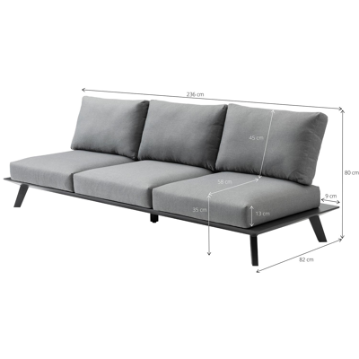 Canapé de jardin Puglia 3-pl en aluminium noir avec coussin en weather+ softtouch gris