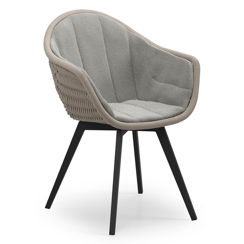 Pagino tuinstoel in zwart aluminium en beige verticaal geweven ronde rope met zitkussen in All Weather Sunbrella® Luxe Savane Zinc