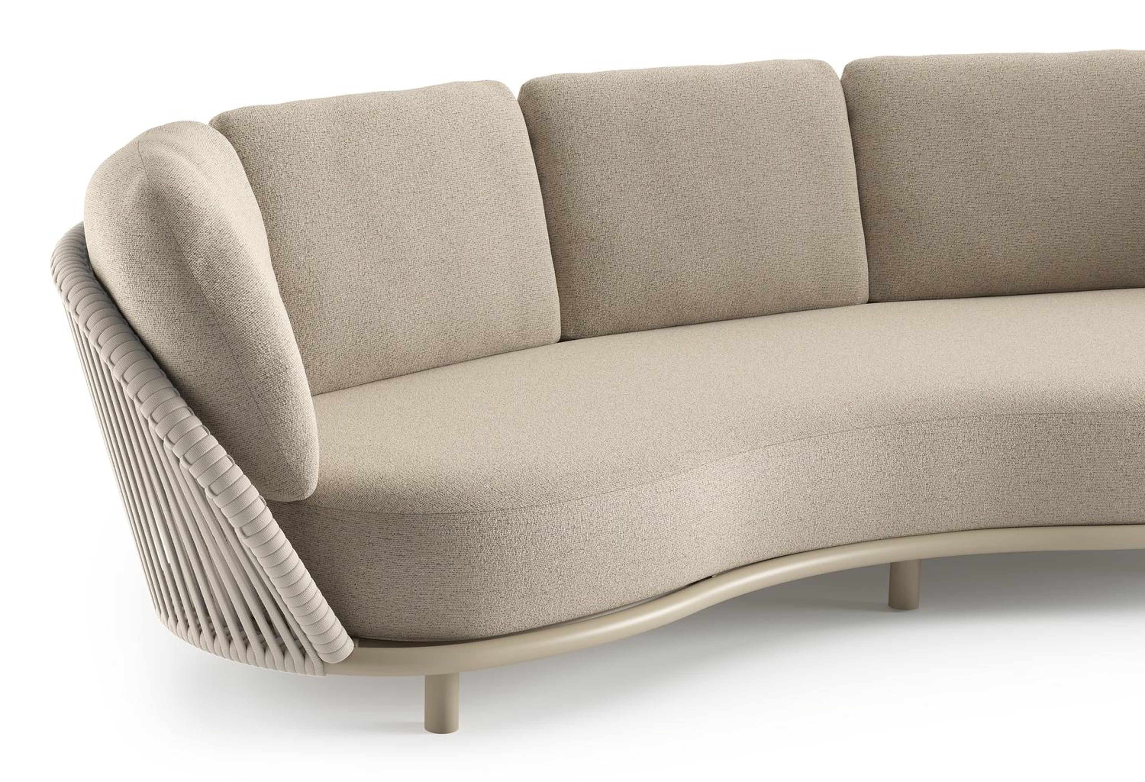 Salon de jardin Lupino en aluminium beige et corde large plate de luxe tissée verticalement beige et coussins en all weather cosytica marbella beige