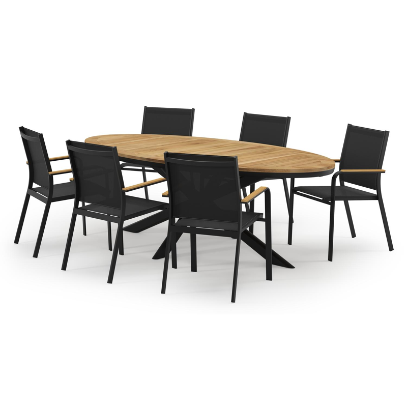 Pamplona ovale tuinset in zwart aluminium en teak natural finish met 6 Amalfi tuinstoelen