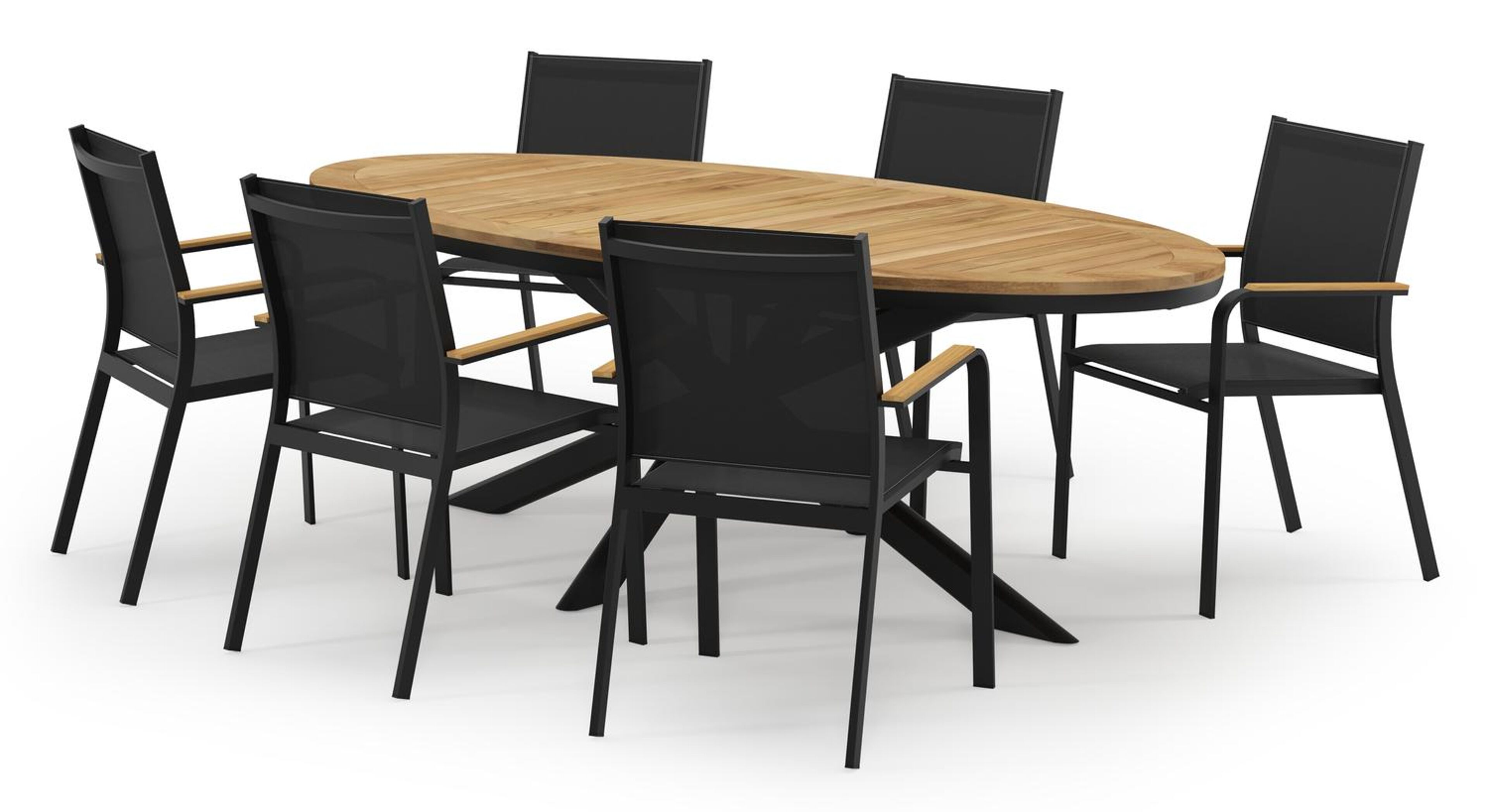 Pamplona ovale tuinset in zwart aluminium en teak natural finish met 6 Amalfi tuinstoelen