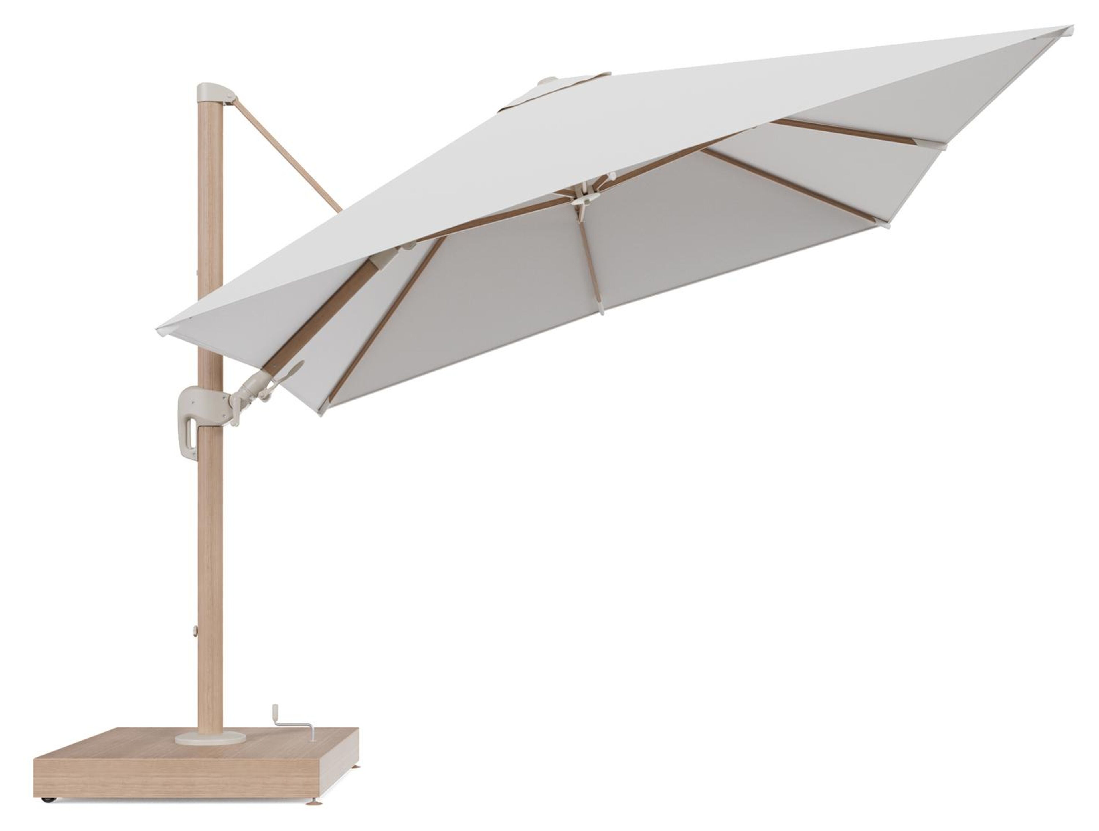 Rufina zweefparasol met tiltfunctie in houtlook aluminium en Soul Optik All Weather Solica parasoldoek - L1 300 x L2 300 cm met parasolvoet Minore 260 kg met wielen
