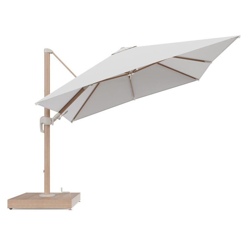 Rufina zweefparasol met tiltfunctie in houtlook aluminium en Soul Optik All Weather Solica parasoldoek - L1 300 x L2 300 cm met parasolvoet Minore 260 kg met wielen