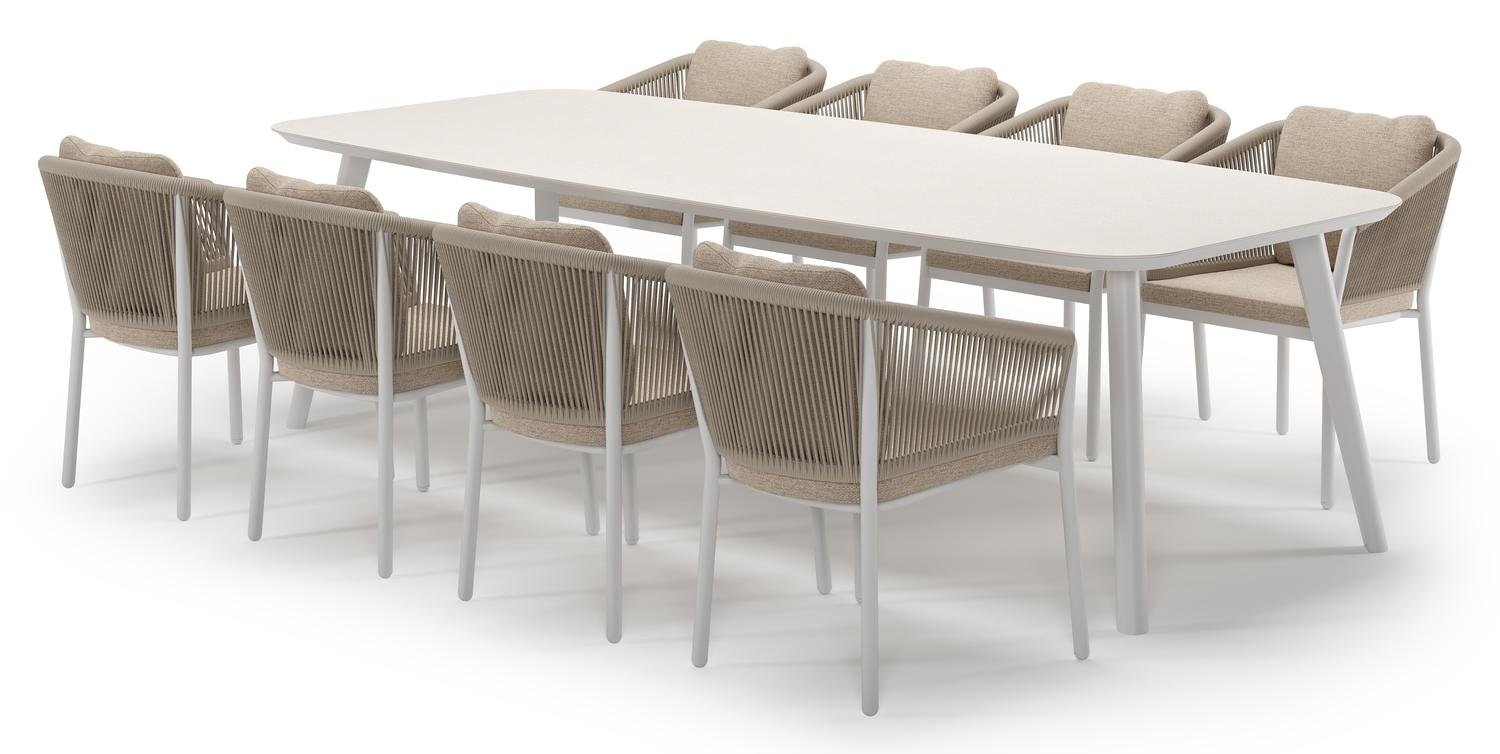 Mosa tuinset in wit aluminium en crema minerale sintered stone met 8 Gerona tuinstoelen