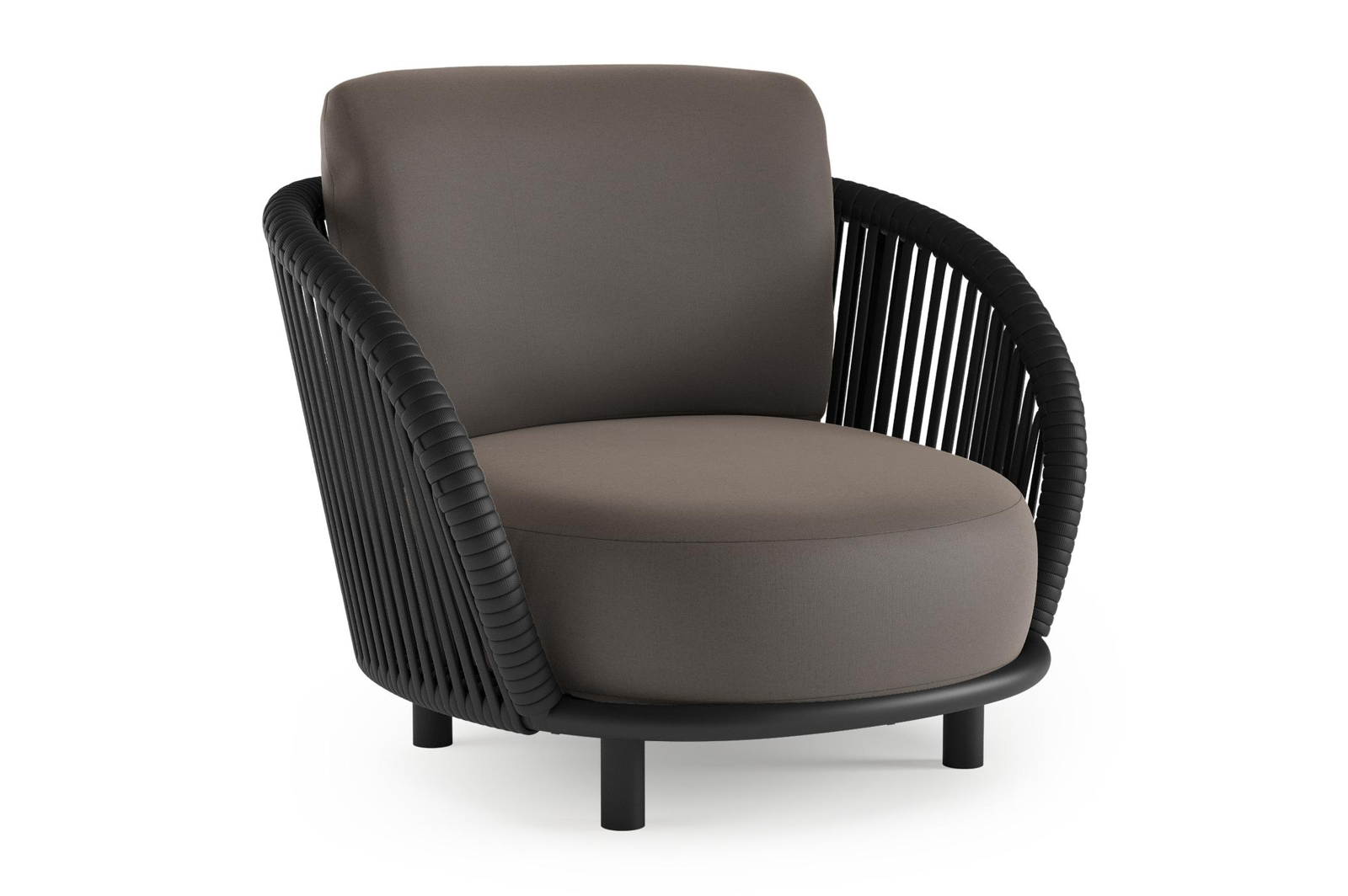 Fauteuil de jardin Lupino en aluminium noir et corde large plate de luxe tissée verticalement noir et coussins en all weather sunbrella® luxe natte nature grey