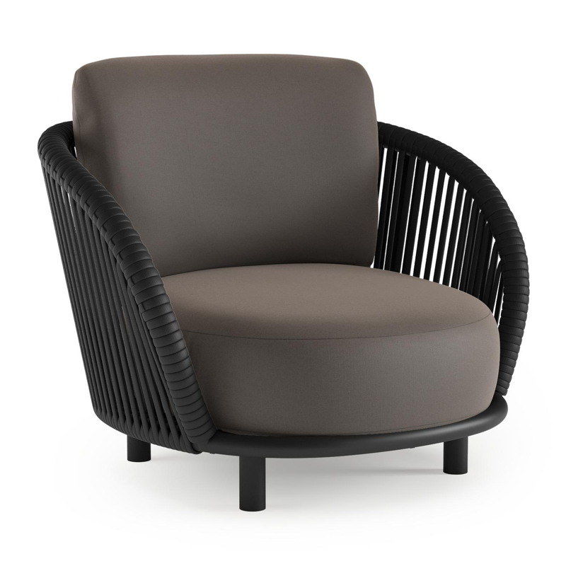 Fauteuil de jardin Lupino en aluminium noir et corde large plate de luxe tissée verticalement noir et coussins en all weather sunbrella® luxe natte nature grey