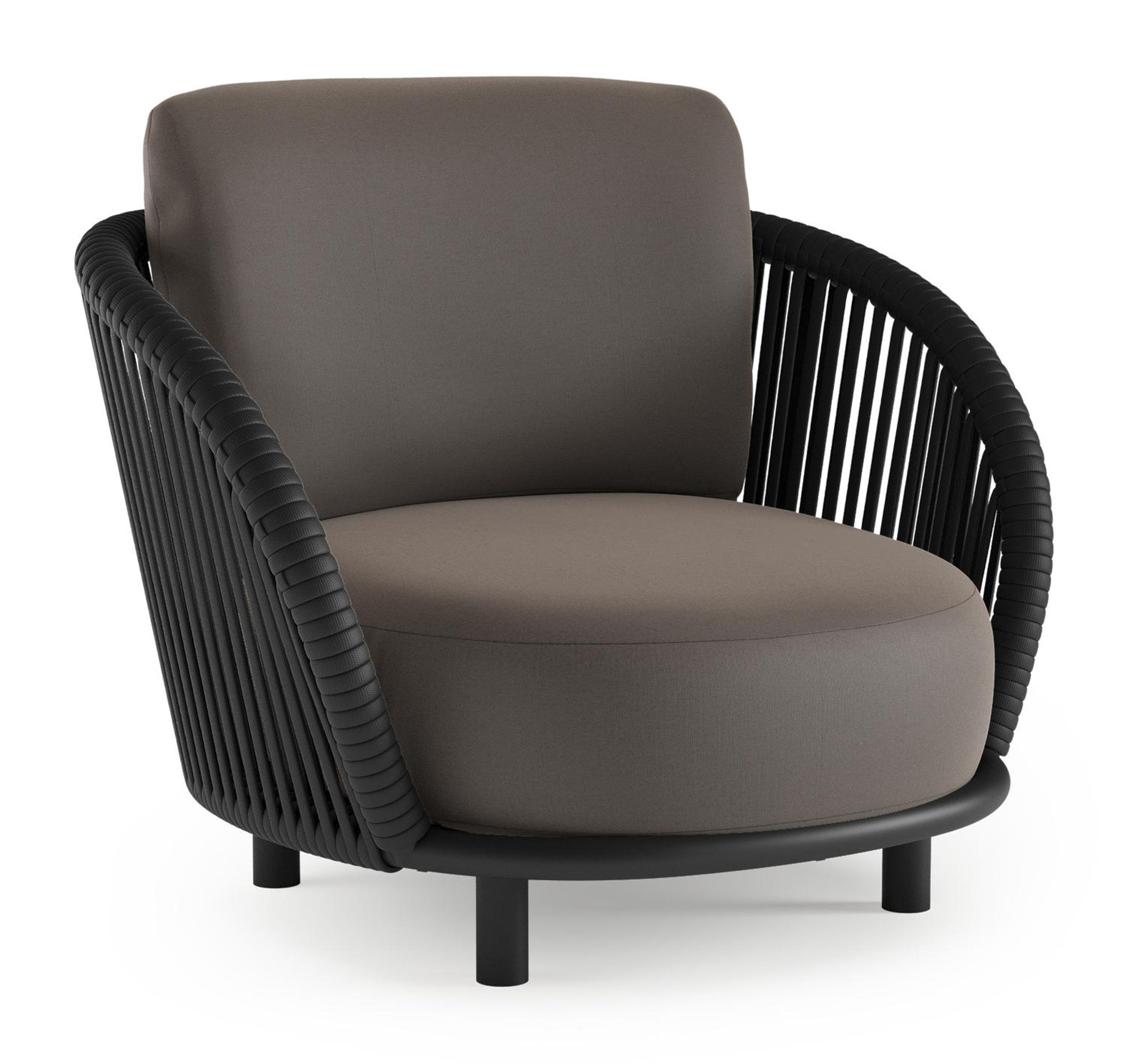 Fauteuil de jardin Lupino en aluminium noir et corde large plate de luxe tissée verticalement noir et coussins en all weather sunbrella® luxe natte nature grey
