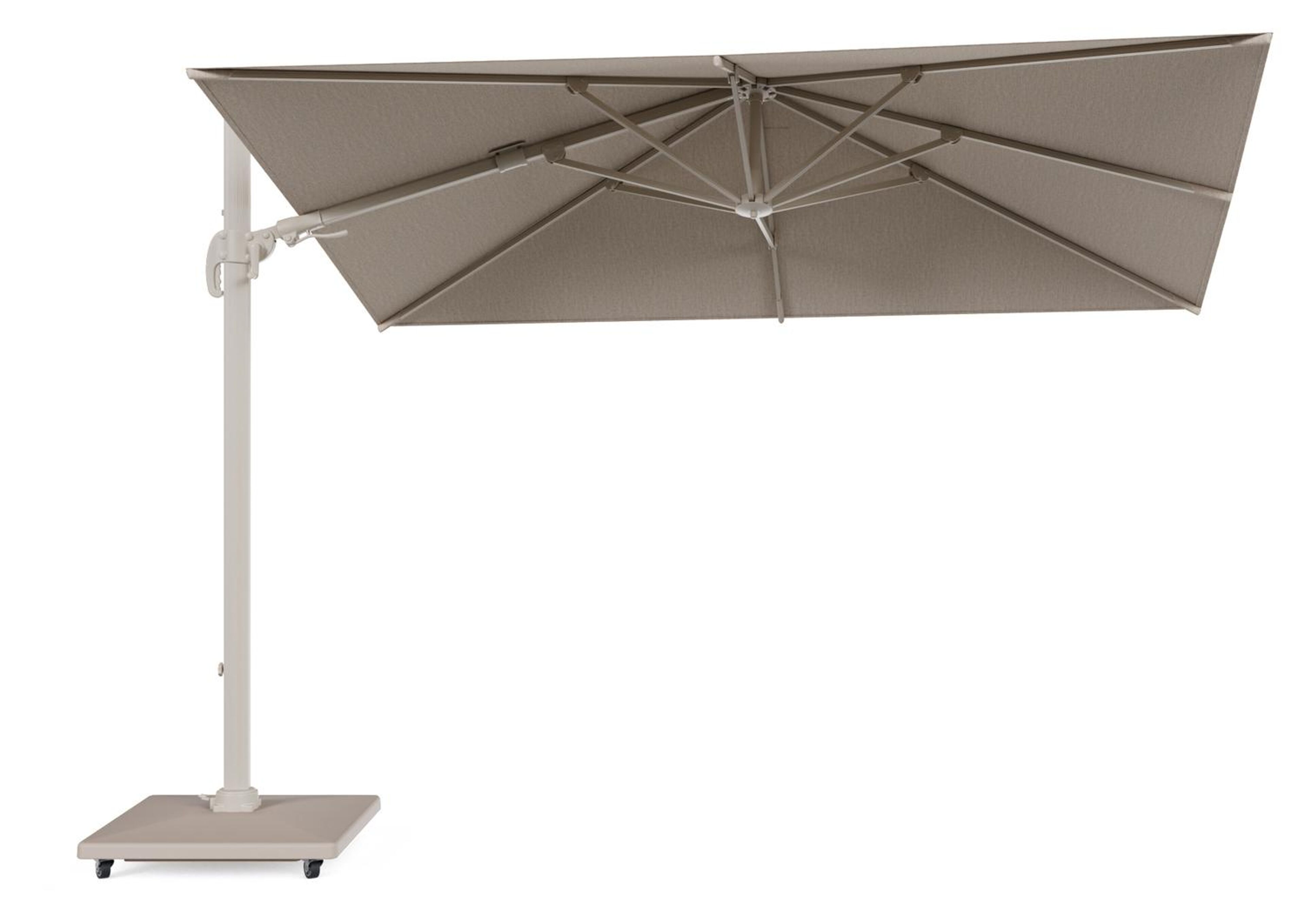 Avola zweefparasol met tiltfunctie in beige aluminium en rustic Weather+ Softtouch parasoldoek - L1 200 x L2 300 cm met parasolvoet Avola 90 kg