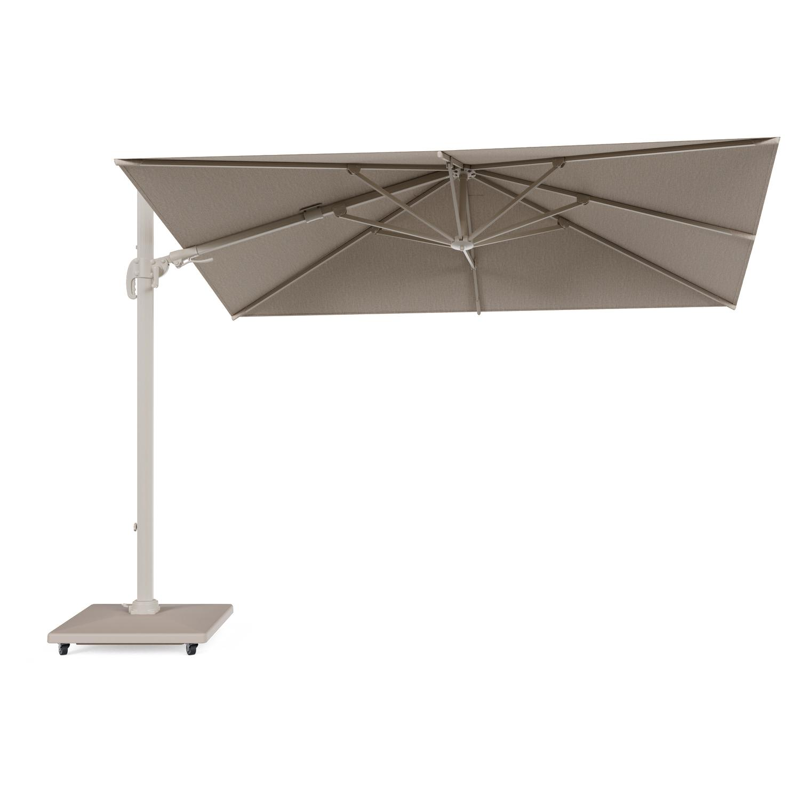 Avola zweefparasol met tiltfunctie in beige aluminium en rustic Weather+ Softtouch parasoldoek - L1 200 x L2 300 cm met parasolvoet Avola 90 kg