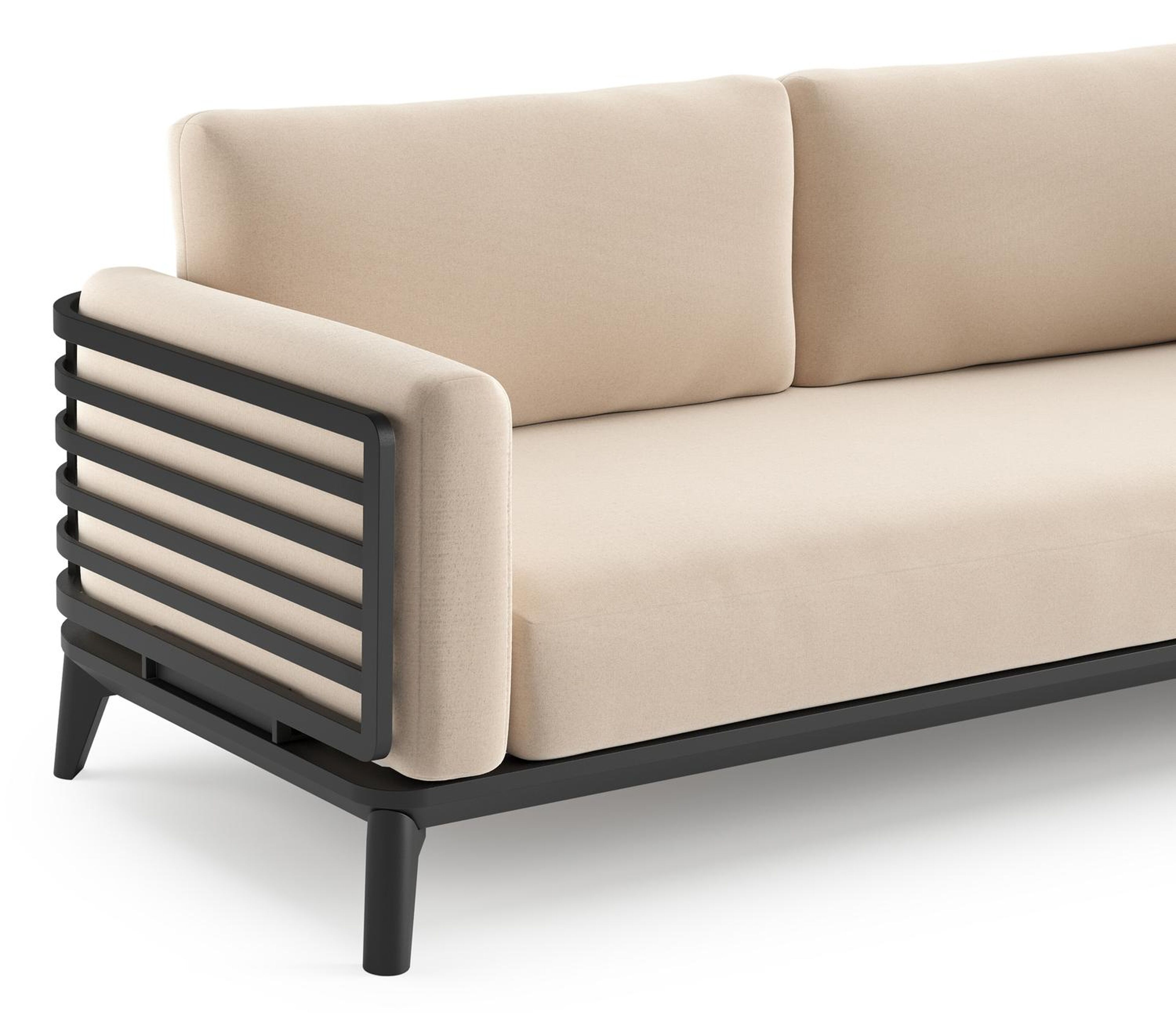 Salon de jardin Mosa en aluminium noir et coussins en all weather sunbrella® premium natte linen chalk et table basse