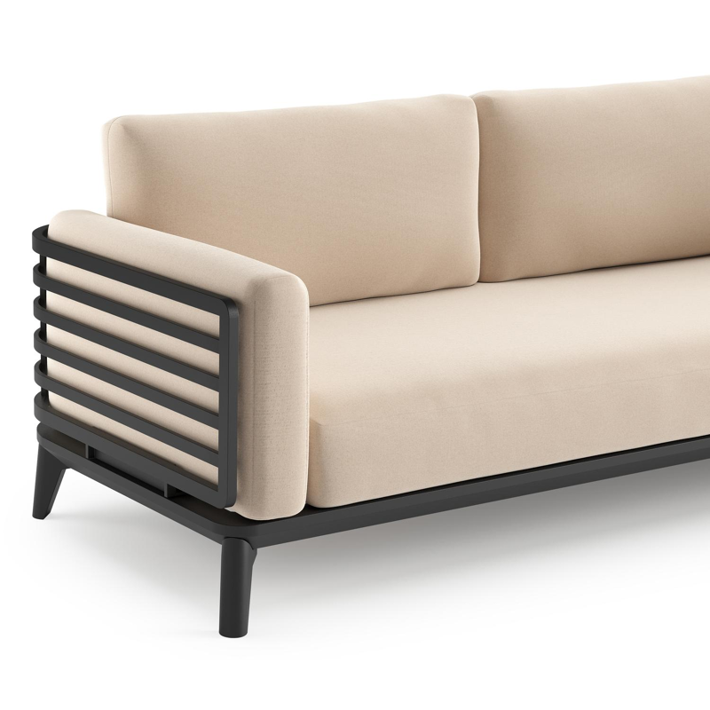 Salon de jardin Mosa en aluminium noir et coussins en all weather sunbrella® premium natte linen chalk et table basse