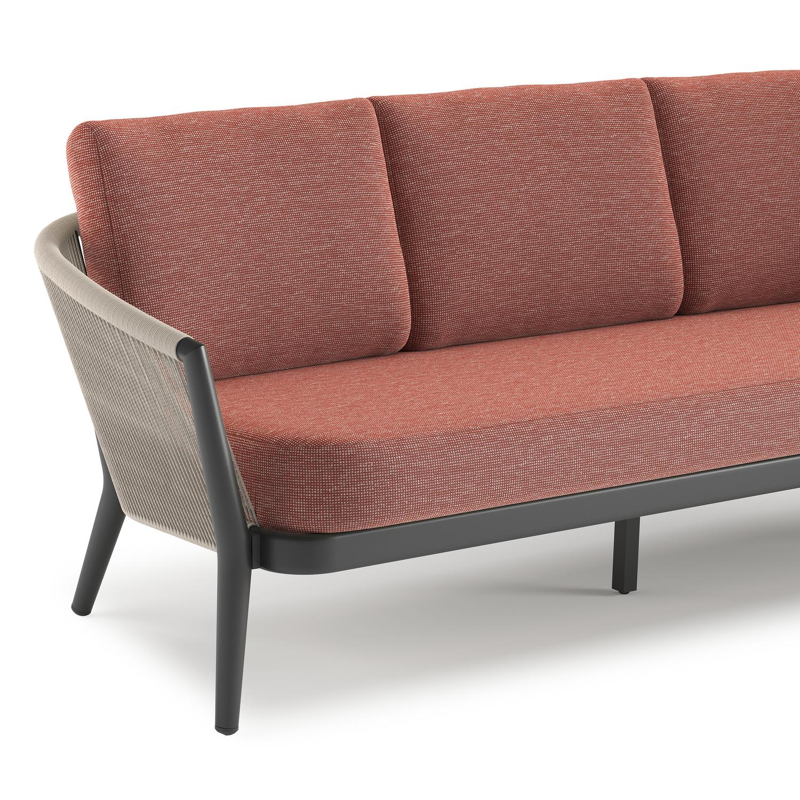 Orso loungeset in zwart aluminium en beige verticaal geweven ronde rope met Slow Alezan all weather sunbrella® luxe kussen