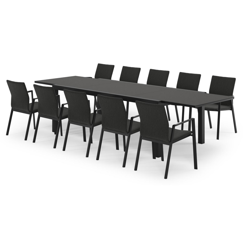 Calobra rechthoekige uitschuifbare tuinset in zwart aluminium en sintered stone notte minerale met 10 Madura tuinstoelen