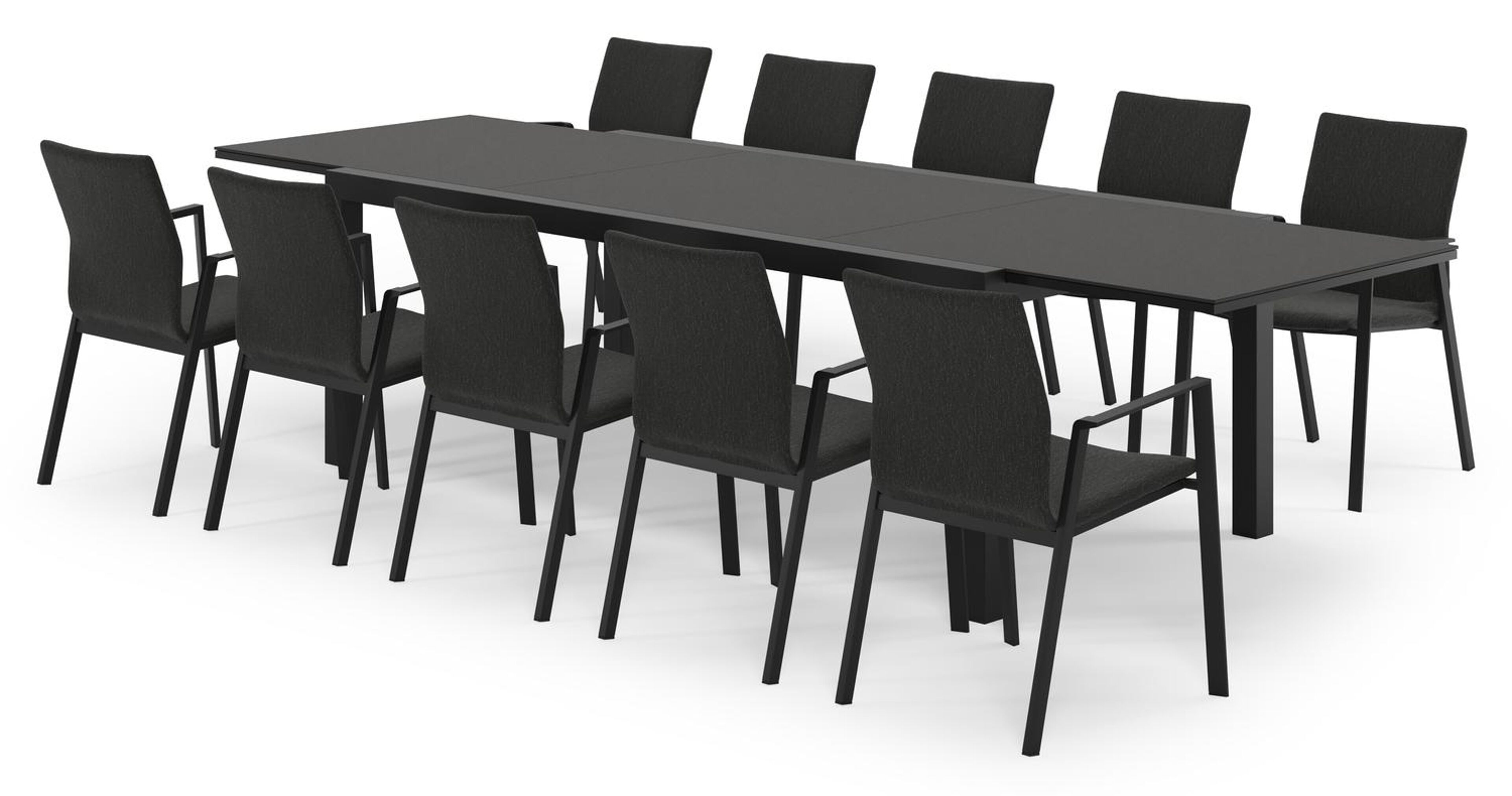 Calobra rechthoekige uitschuifbare tuinset in zwart aluminium en sintered stone notte minerale met 10 Madura tuinstoelen